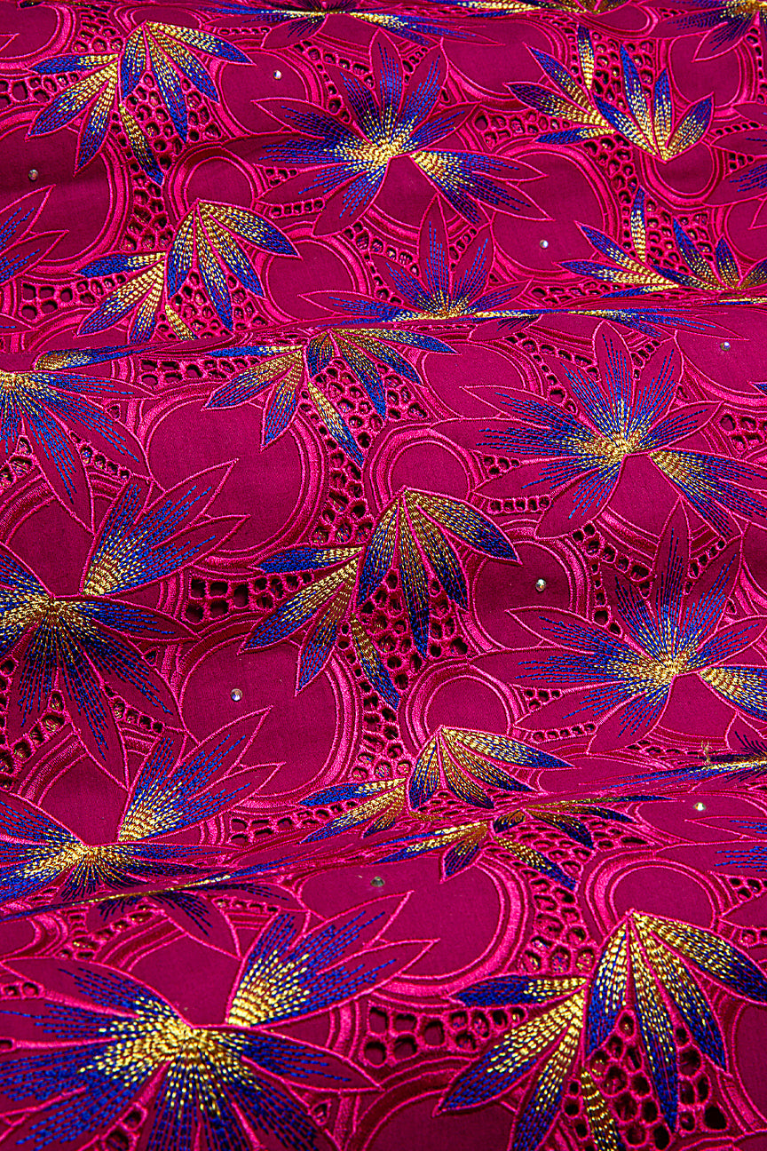 PSL077-FCP - Premier Swiss Voile Lace - Fuchsia, Royal Blue & Gold