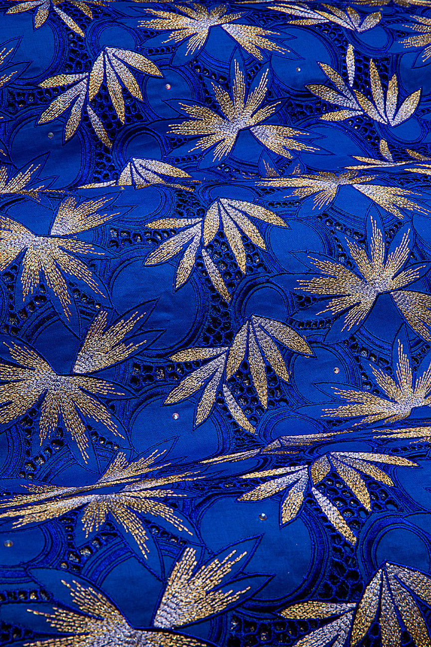PSL077-RBL - Premier Swiss Voile Lace - Royal Blue, Gold & Sky