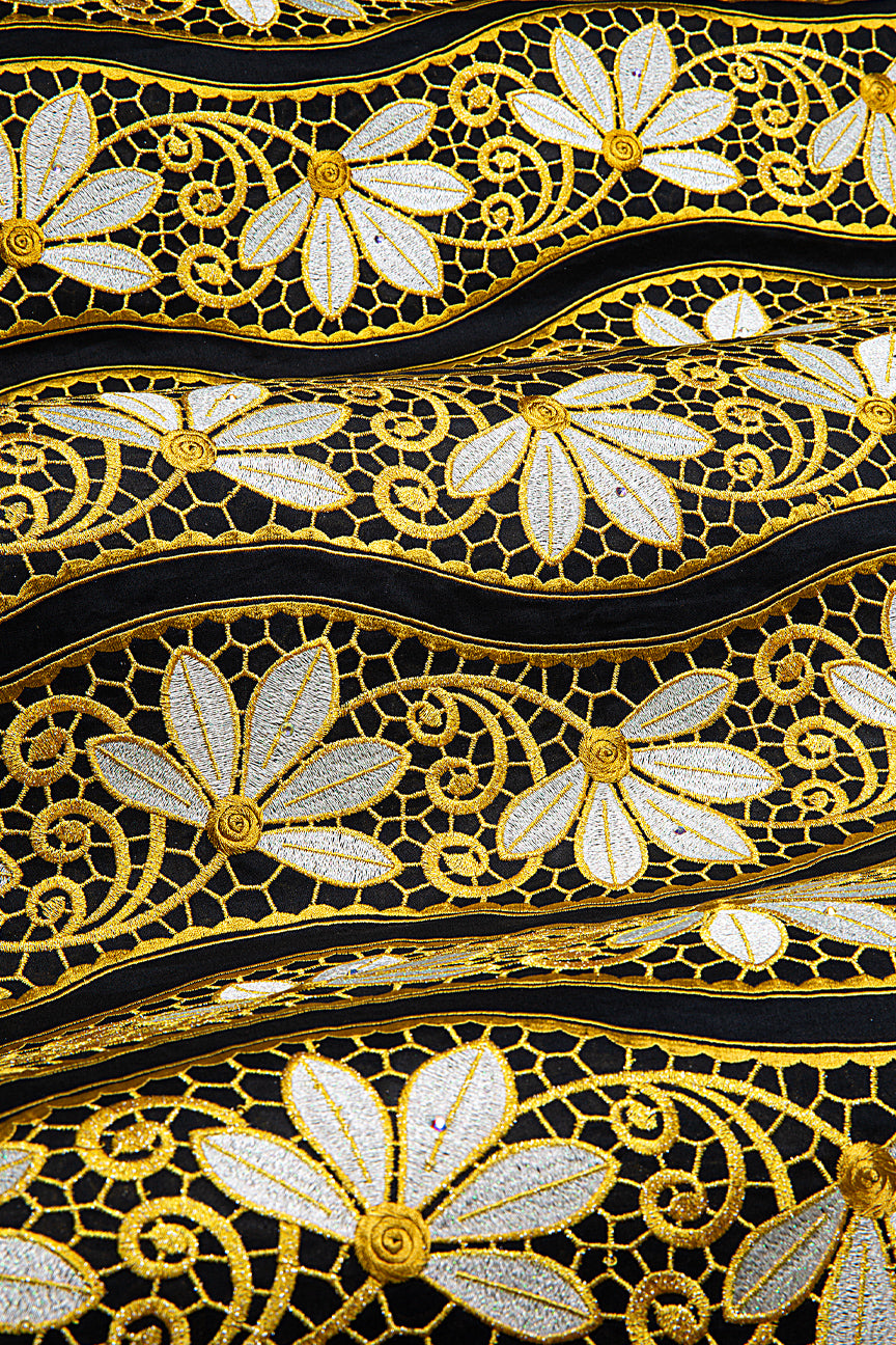 PSL078-BLK - Premier Swiss Voile Lace - Black, Gold & Silver
