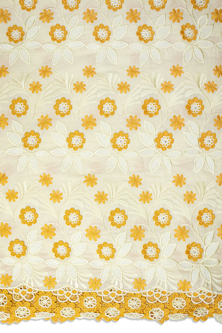 PSL079-CRM - Premier Swiss Voile Lace, Handcut Appliqué - Cream & Sunset Gold