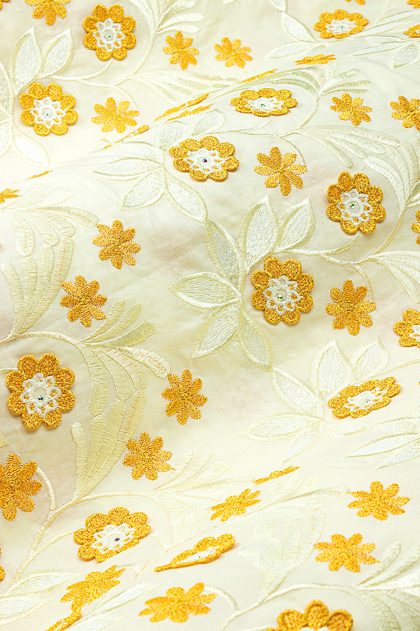 PSL079-CRM - Premier Swiss Voile Lace, Handcut Appliqué - Cream & Sunset Gold