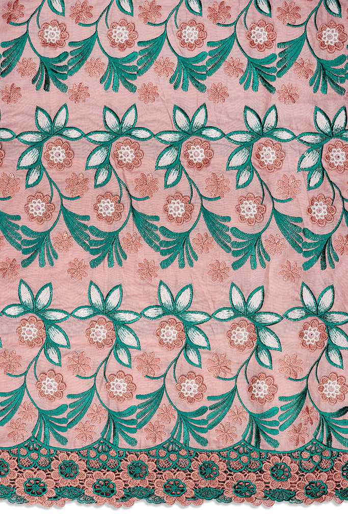 PSL079-PCT - Premier Swiss Voile Lace, Handcut Appliqué - Peach & Teal