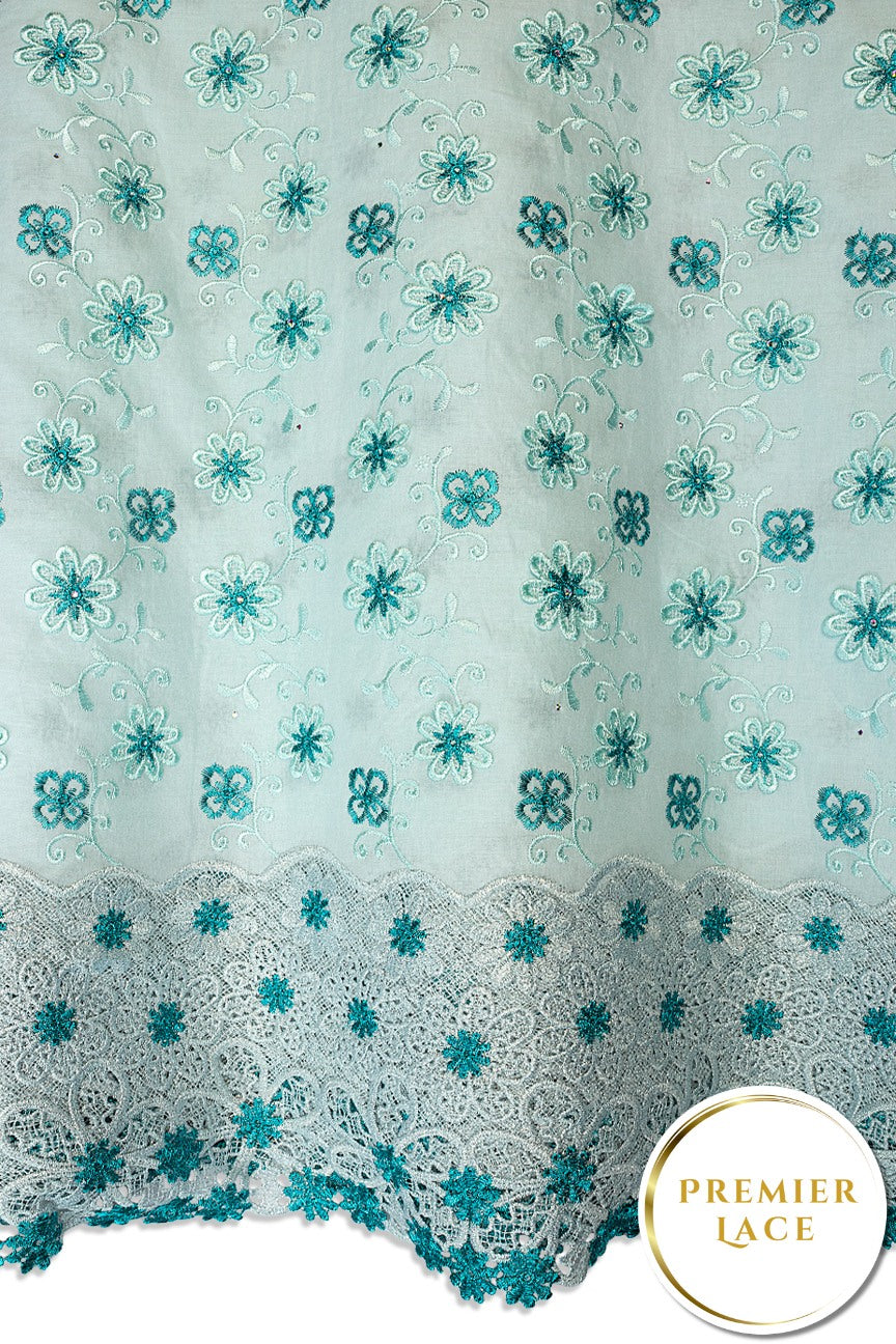 PSL080-ATQ - Premier Swiss Voile Lace, Handcut Appliqué - Aqua, Turquoise & Silver