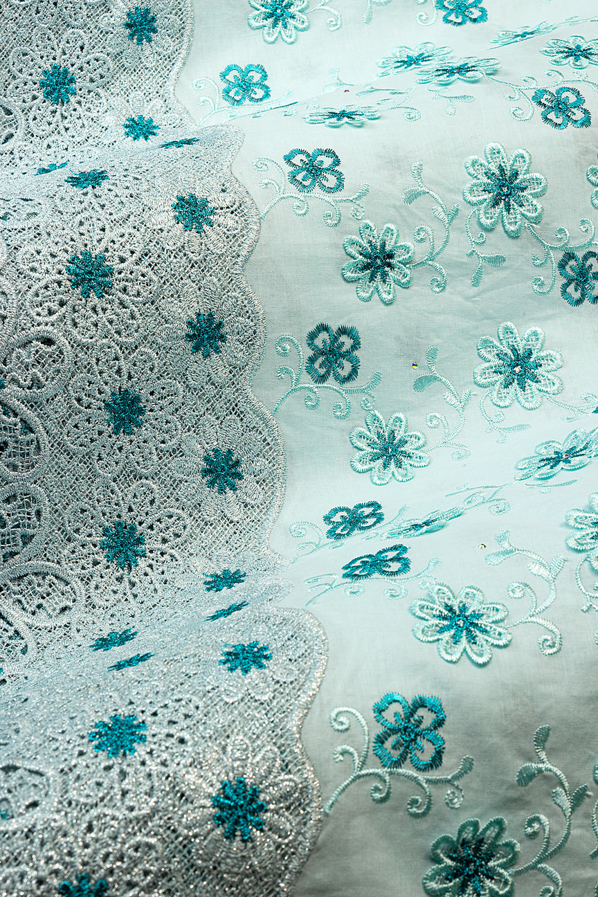 PSL080-ATQ - Premier Swiss Voile Lace, Handcut Appliqué - Aqua, Turquoise & Silver