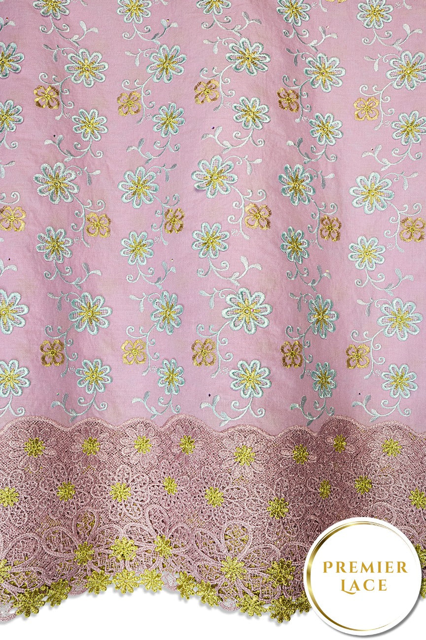 PSL080-BPK - Premier Swiss Voile Lace, Handcut Appliqué - Baby Pink, Aqua & Lime Green