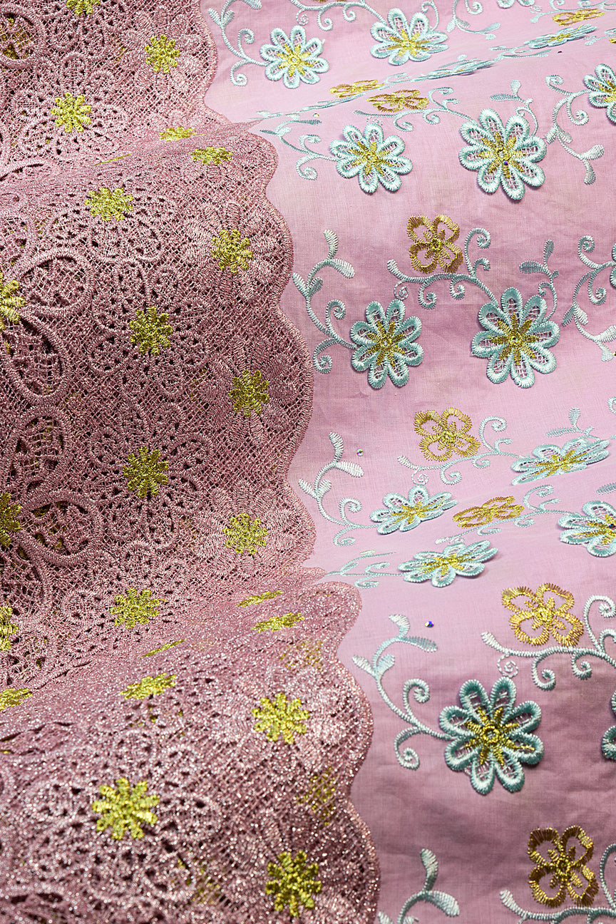 PSL080-BPK - Premier Swiss Voile Lace, Handcut Appliqué - Baby Pink, Aqua & Lime Green