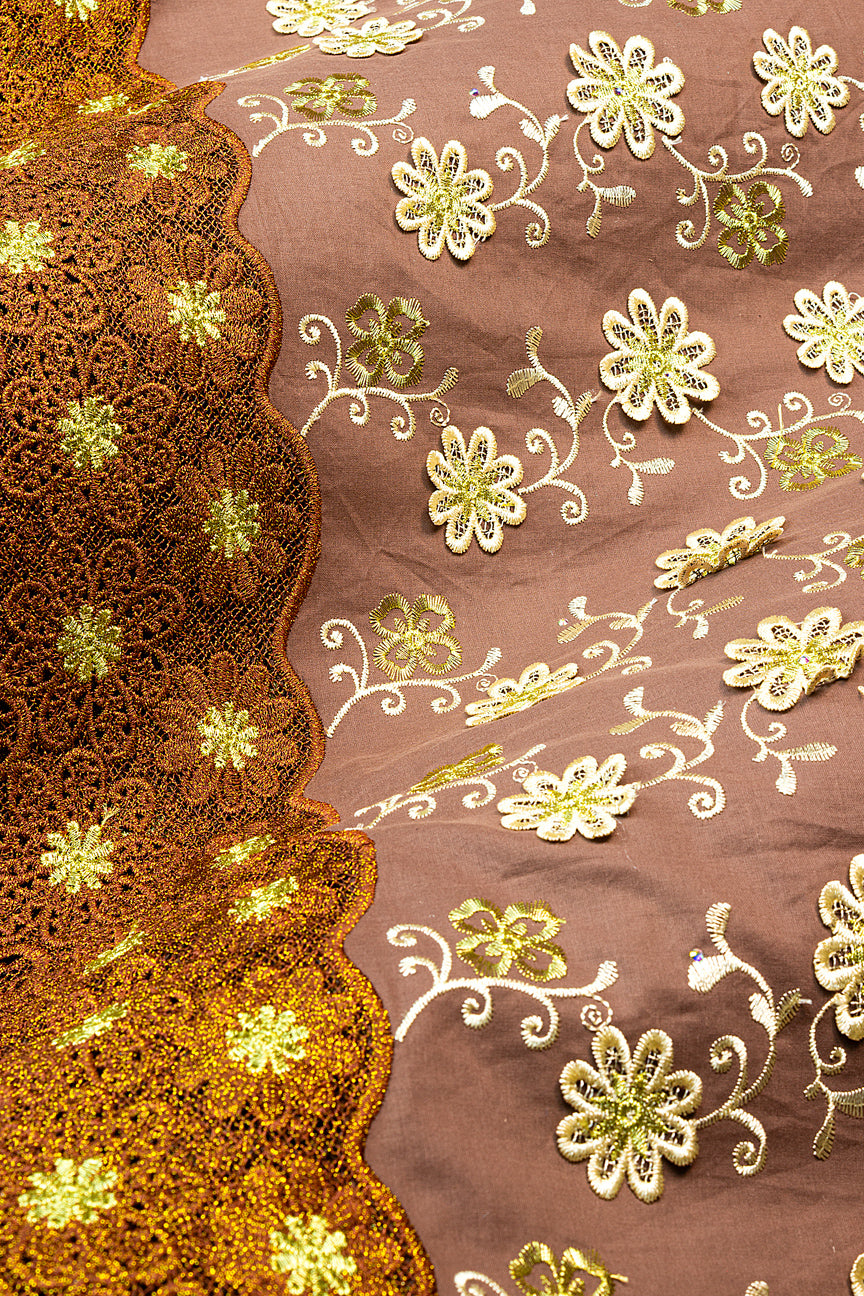 PSL080-BRN - Premier Swiss Voile Lace, Handcut Appliqué - Brown, Beige & Bronze