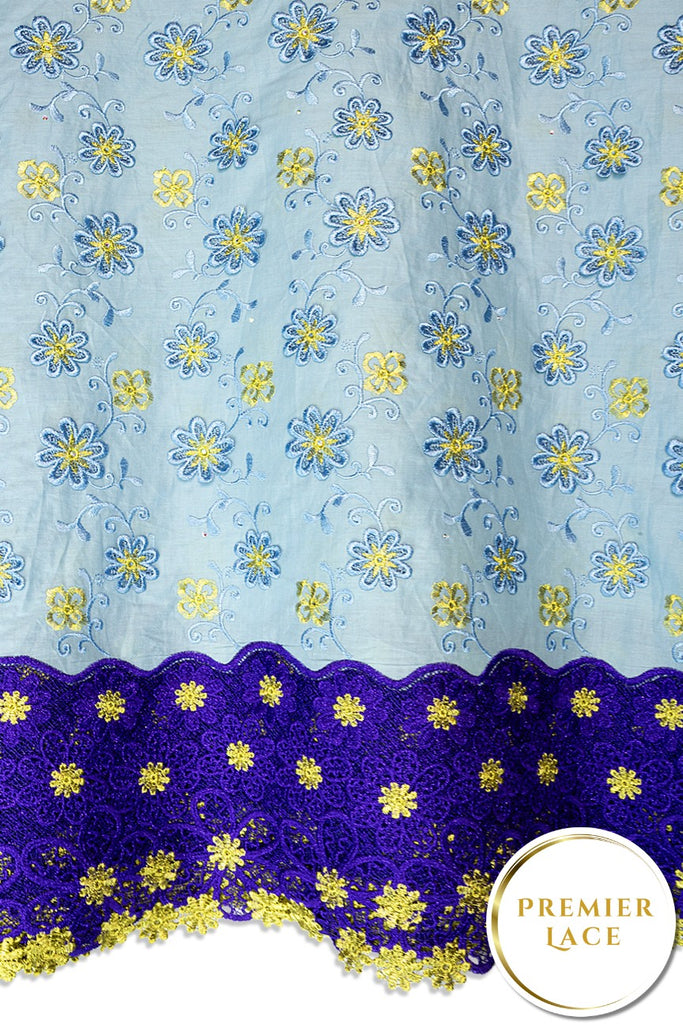 PSL080-SKB - Premier Swiss Voile Lace, Handcut Appliqué - Sky Blue, Indigo & Gold