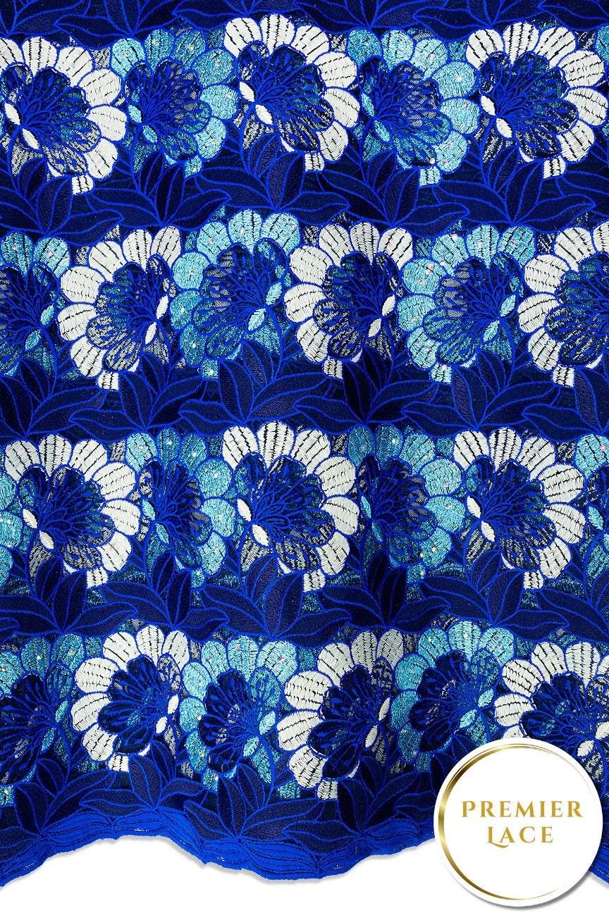 PSL082-BLU - Premier Swiss Net Lace – Royal Blue, Navy, Turquoise & Ivory