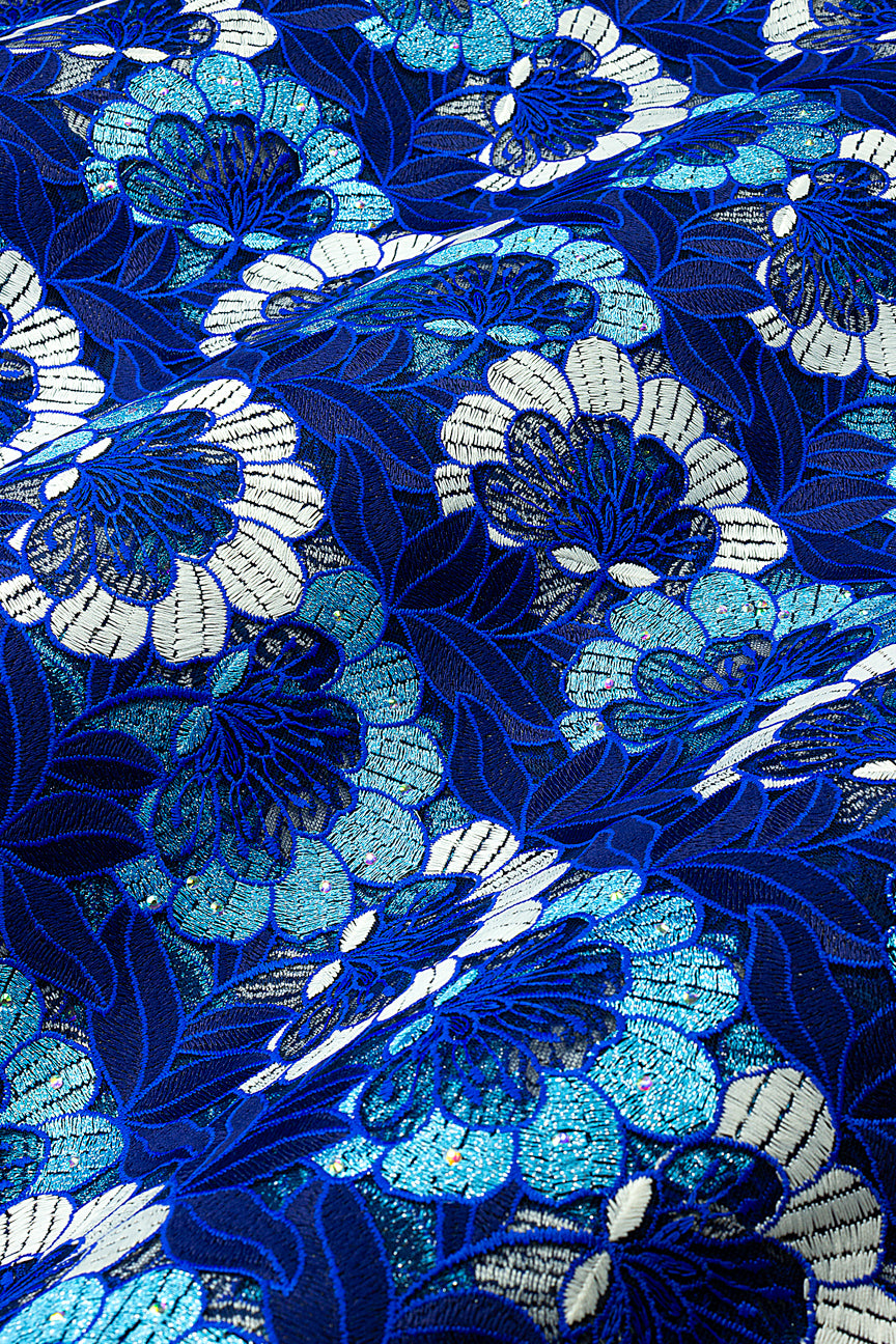 PSL082-BLU - Premier Swiss Net Lace – Royal Blue, Navy, Turquoise & Ivory
