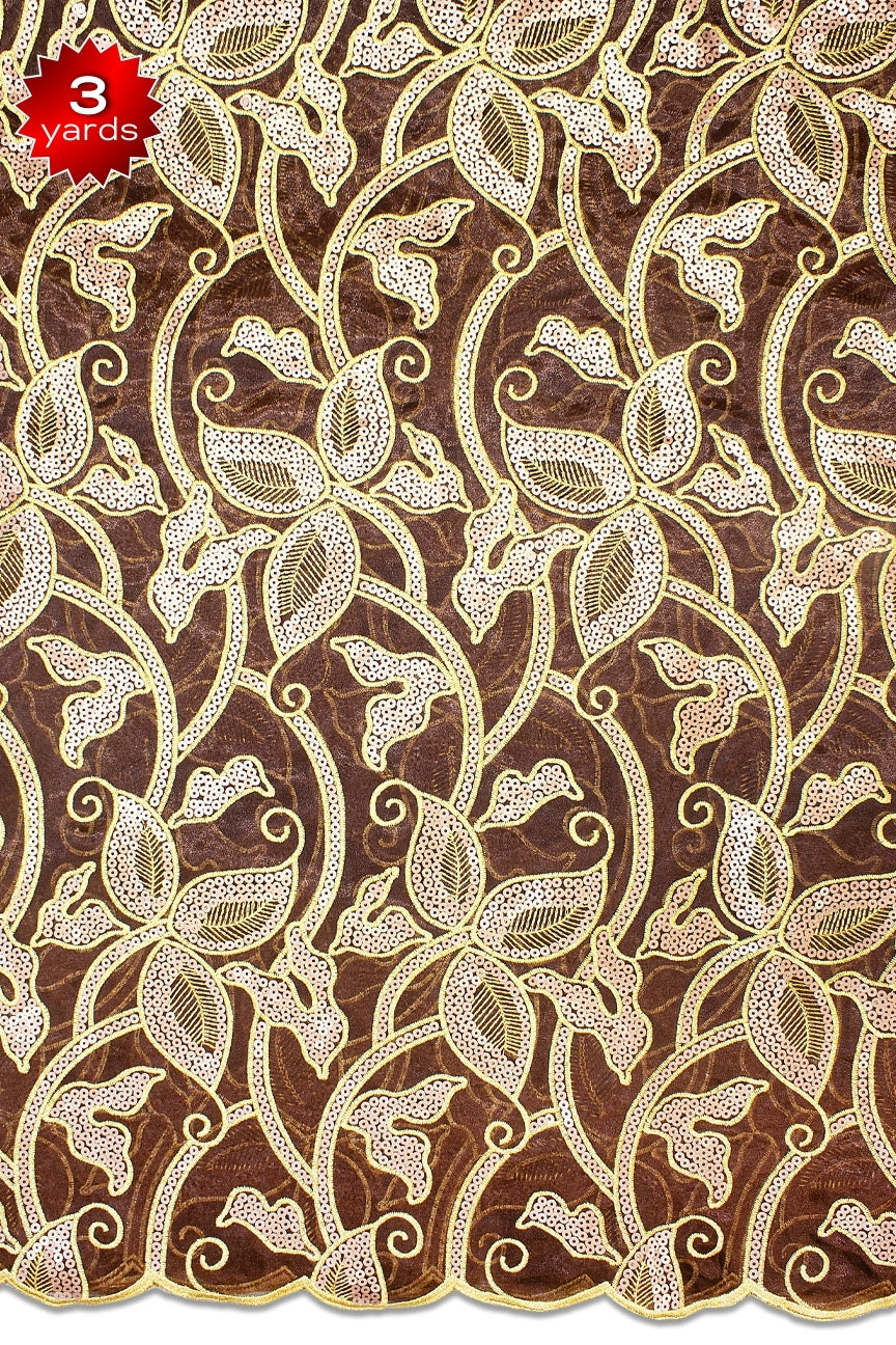 RMT448 - Double Organza Sequined Lace - Chocolate Brown & Gold (3 yards)