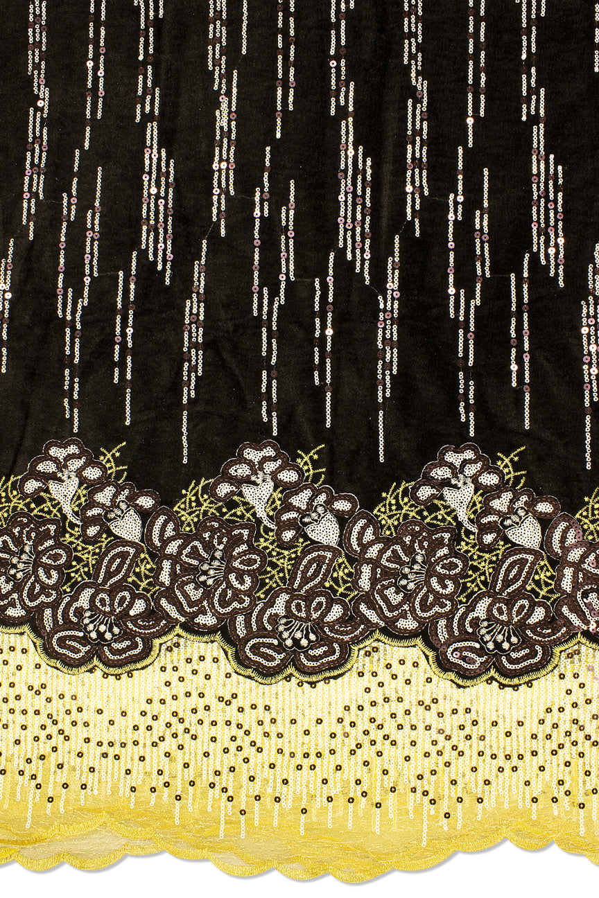 SQL062-BYL - Sequined Velvet Lace, Net Border on One Side - Black & Yellow Gold