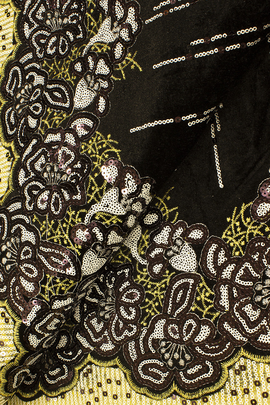 SQL062-BYL - Sequined Velvet Lace, Net Border on One Side - Black & Yellow Gold