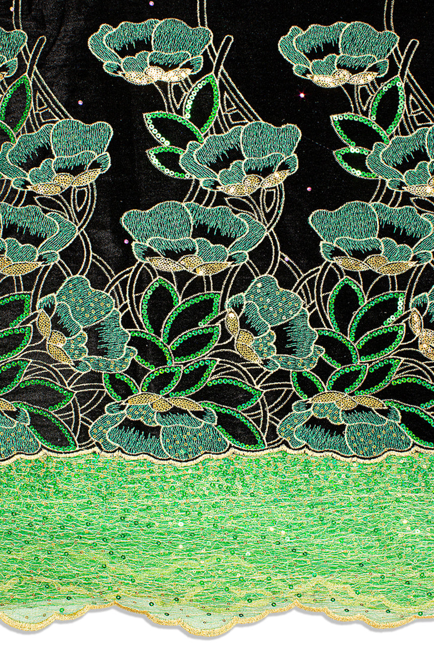 SQL069-BKG - Sequined Velvet Lace, Net Border on One Side - Black & Leaf Green