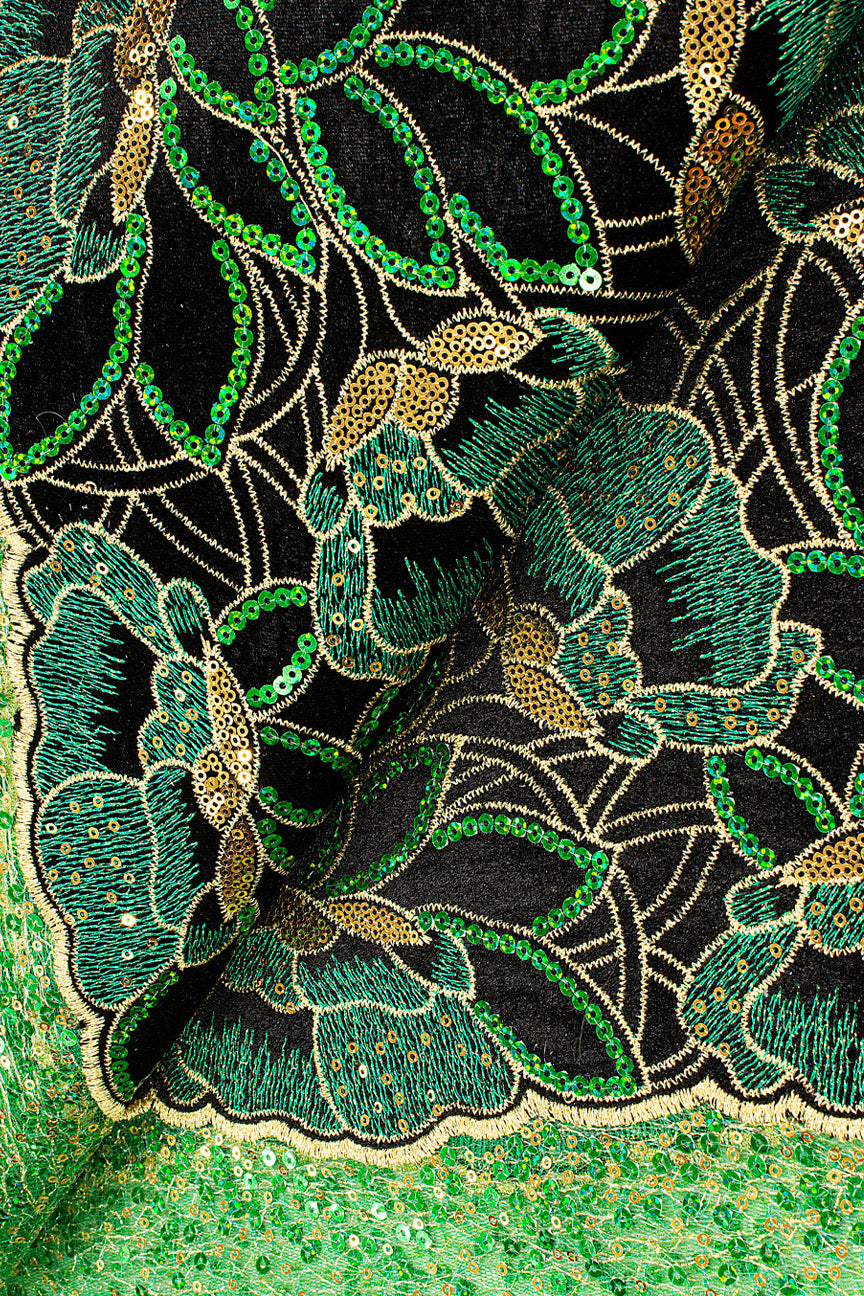 SQL069-BKG - Sequined Velvet Lace, Net Border on One Side - Black & Leaf Green