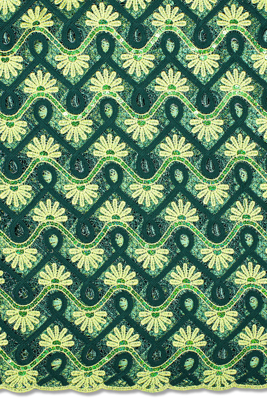 SQL070-BGN - Sequined Guipure Lace - Bottle Green & Lime