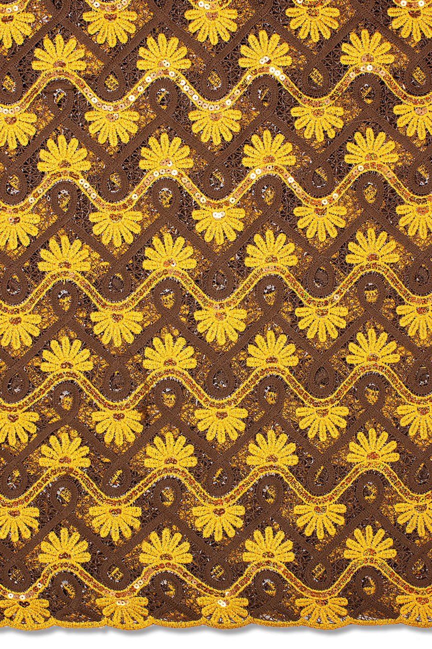 SQL070-CHO - Sequined Guipure Lace - Chocolate & Orange