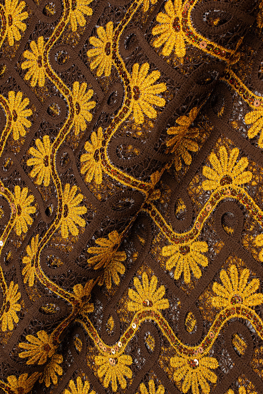SQL070-CHO - Sequined Guipure Lace - Chocolate & Orange