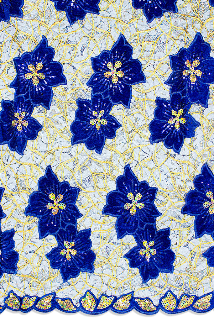 SQL076-BLU - Sequined Net Lace with Velvet Appliqué - Sky, Royal Blue & Gold