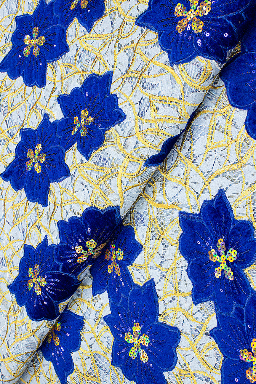 SQL076-BLU - Sequined Net Lace with Velvet Appliqué - Sky, Royal Blue & Gold