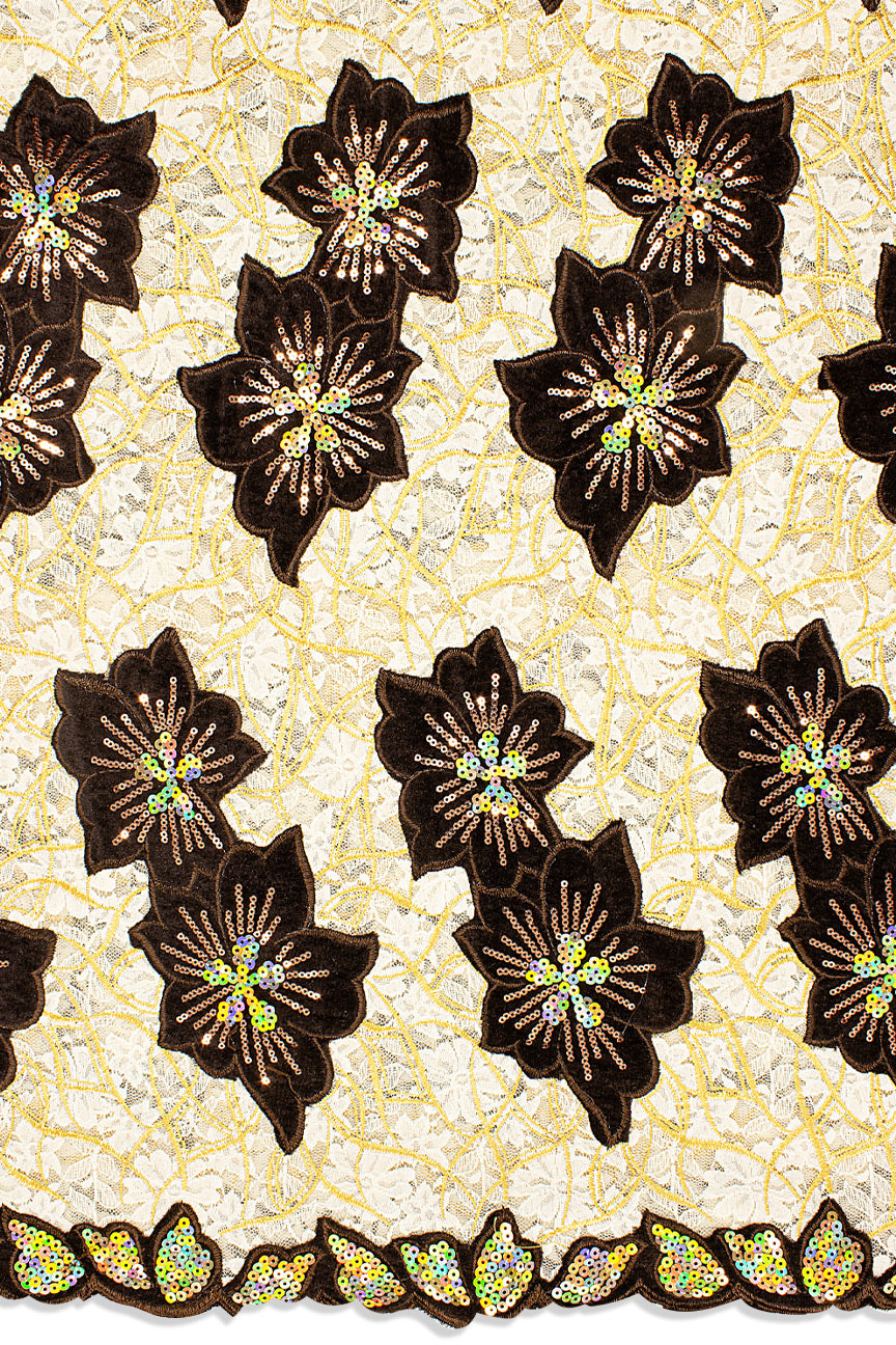 SQL076-CCF - Sequined Net Lace with Velvet Appliqué - Cream, Coffee & Gold