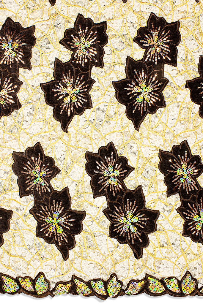 SQL076-CCF - Sequined Net Lace with Velvet Appliqué - Cream, Coffee & Gold