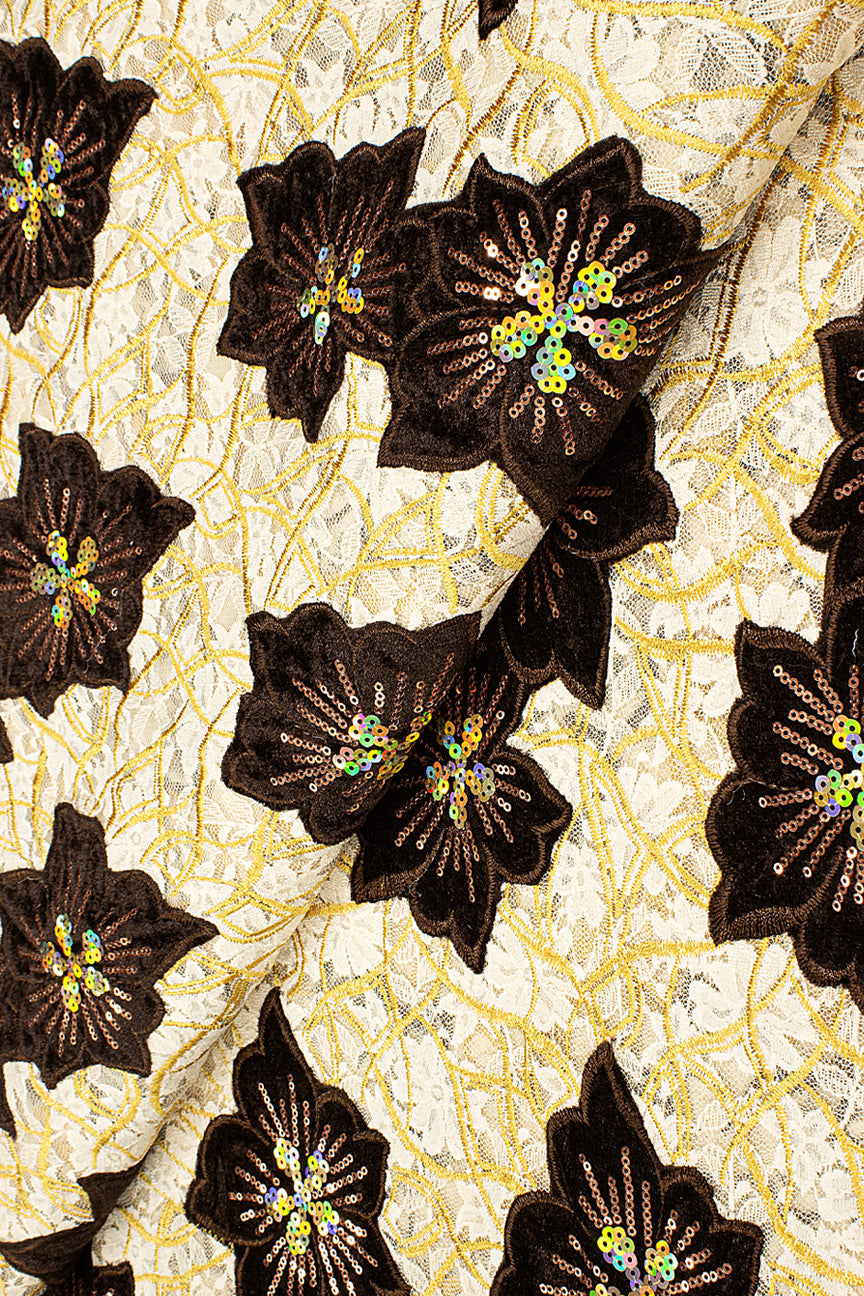 SQL076-CCF - Sequined Net Lace with Velvet Appliqué - Cream, Coffee & Gold