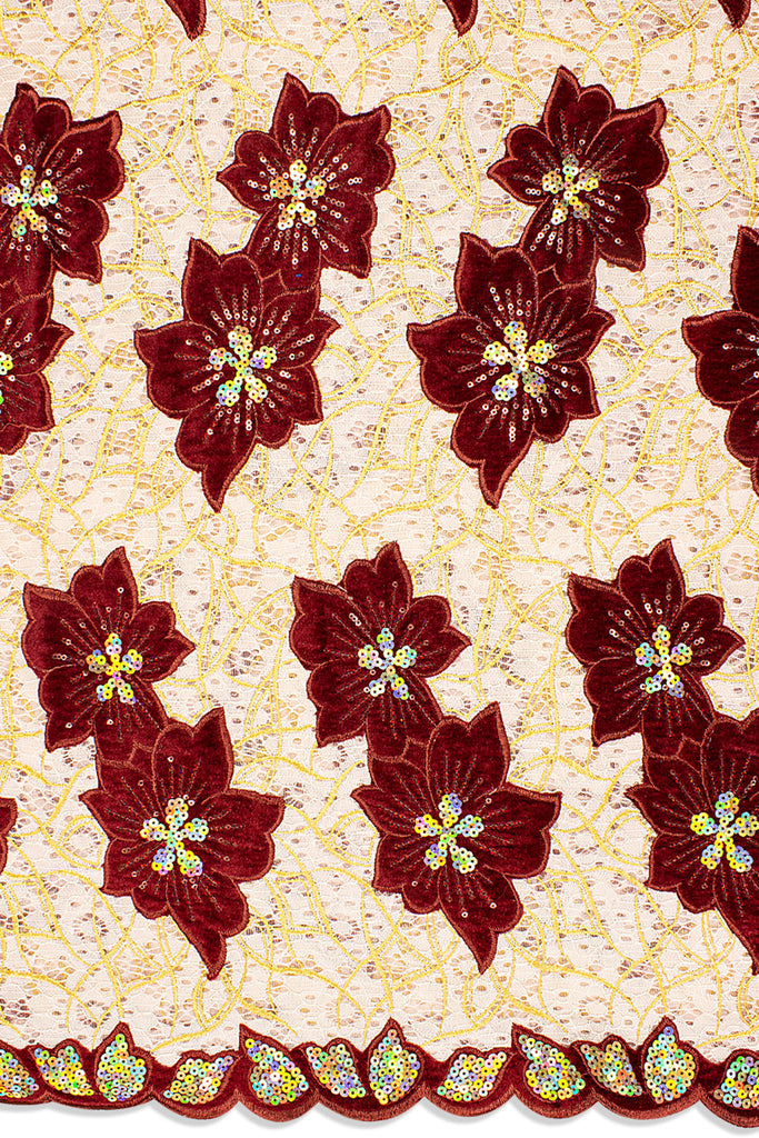 SQL076-CWN - Sequined Net Lace with Velvet Appliqué - Cream, Wine & Gold