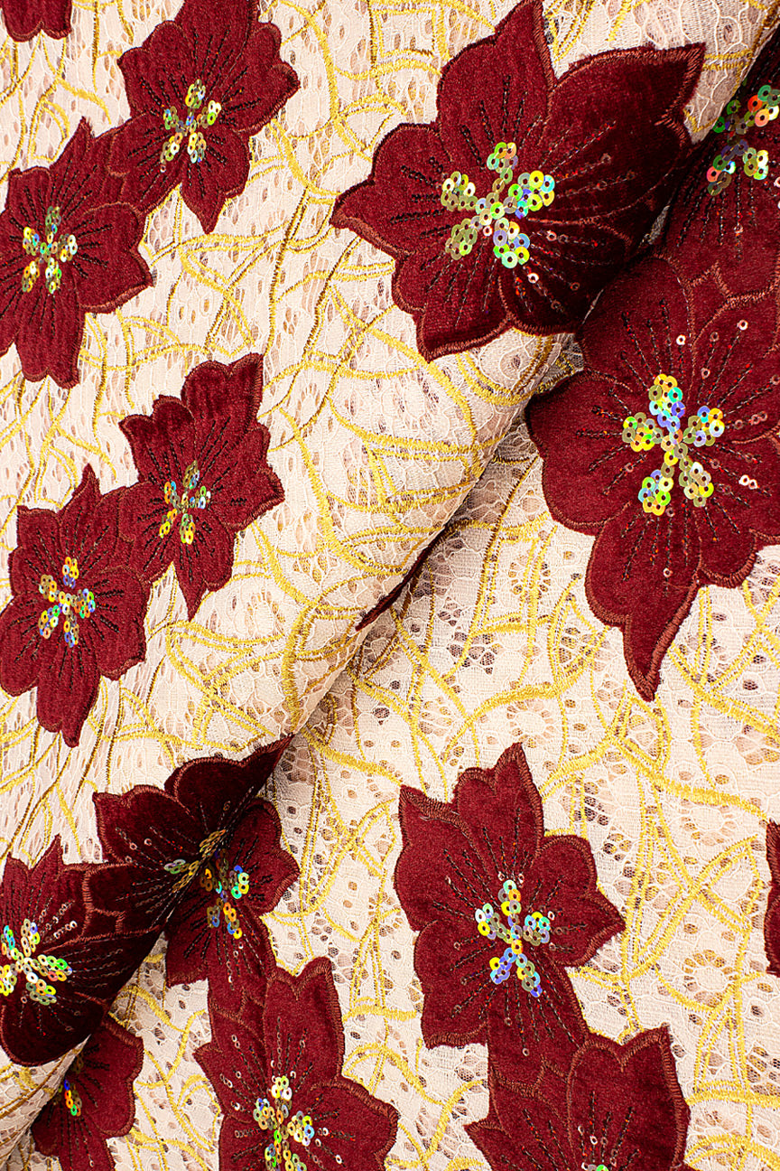SQL076-CWN - Sequined Net Lace with Velvet Appliqué - Cream, Wine & Gold