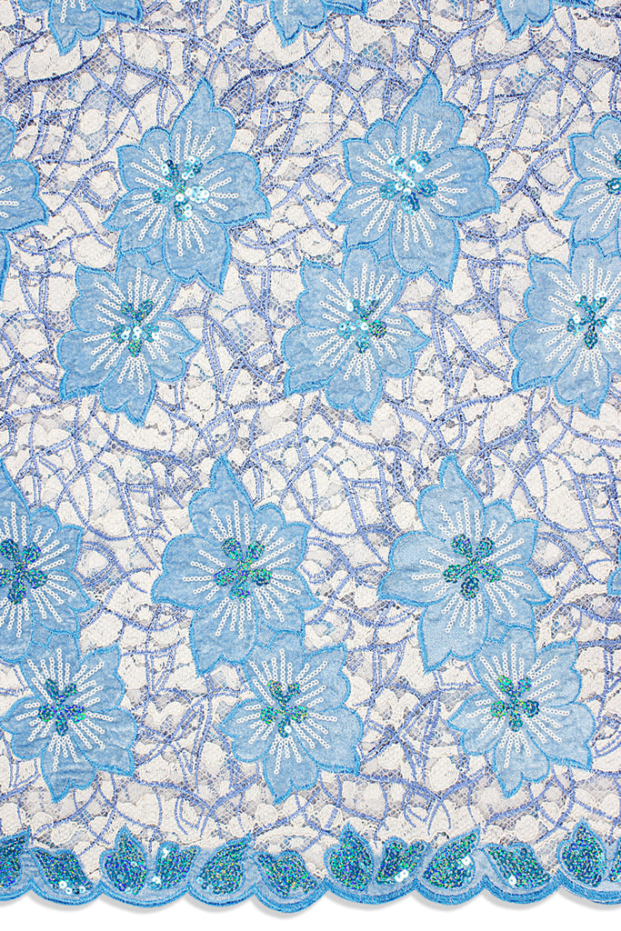 SQL076-WSB - Sequined Net Lace with Velvet Appliqué - White, Sky Blue & Turquoise Blue