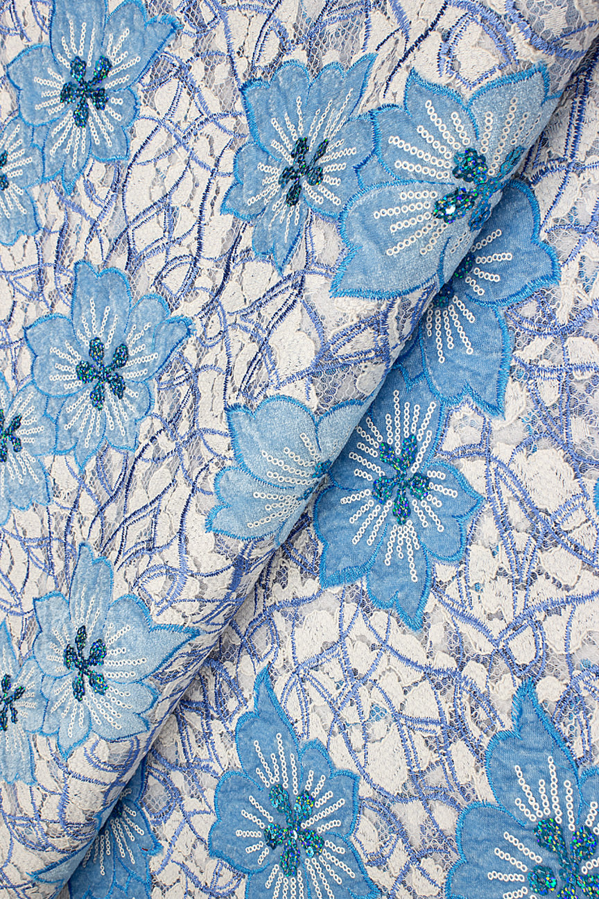 SQL076-WSB - Sequined Net Lace with Velvet Appliqué - White, Sky Blue & Turquoise Blue