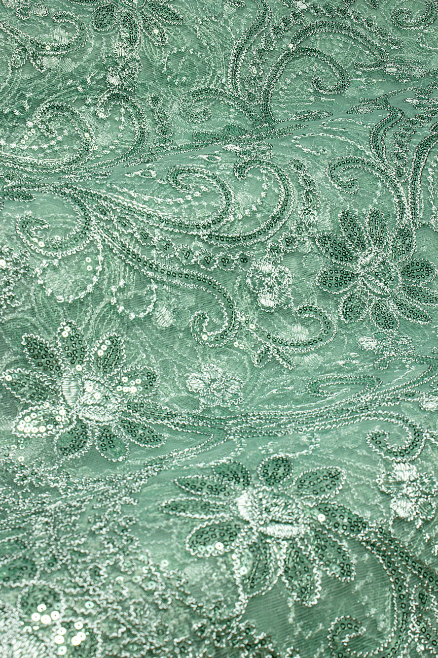 SQL078-SAG - Sequined French Net Lace - Sage Green
