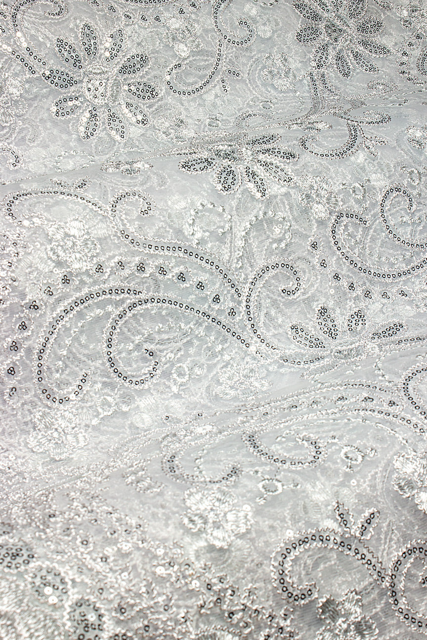 SQL078-WHT - Sequined French Net Lace - White