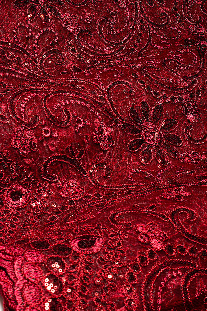 SQL078-WIN - Sequined French Net Lace - Wine