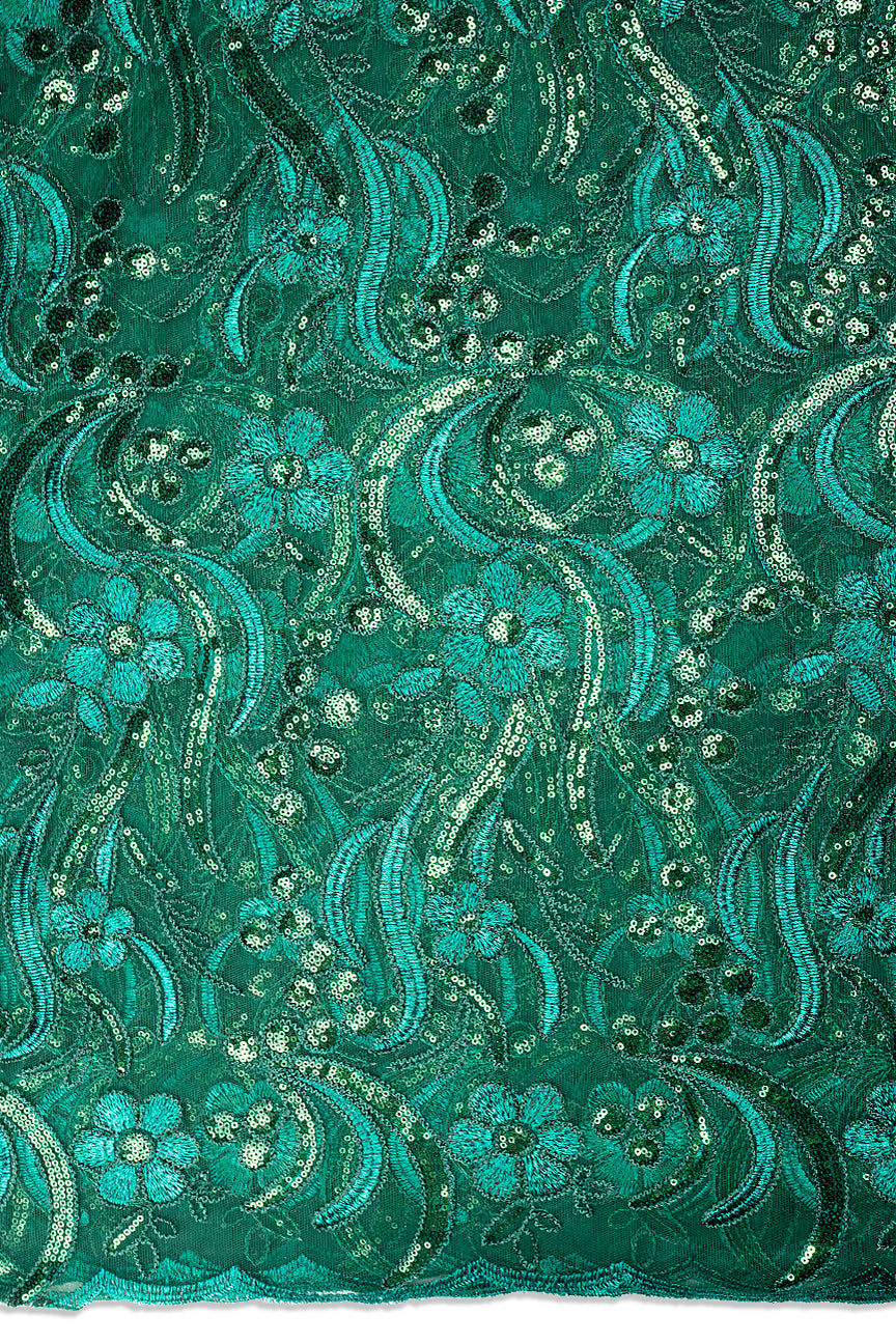 SQL079-BGN - Sequined French Net Lace - Bottle Green & Teal