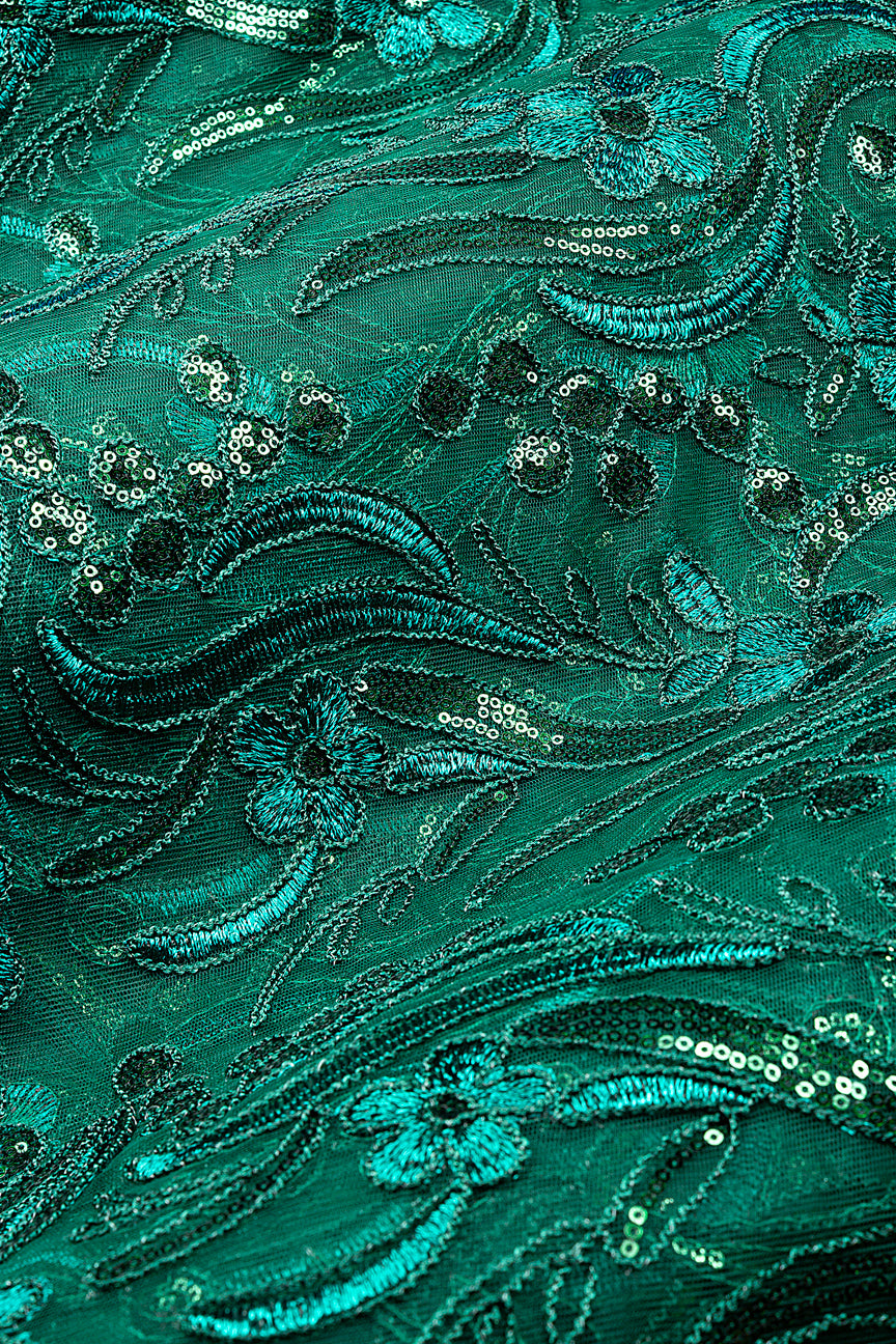 SQL079-BGN - Sequined French Net Lace - Bottle Green & Teal