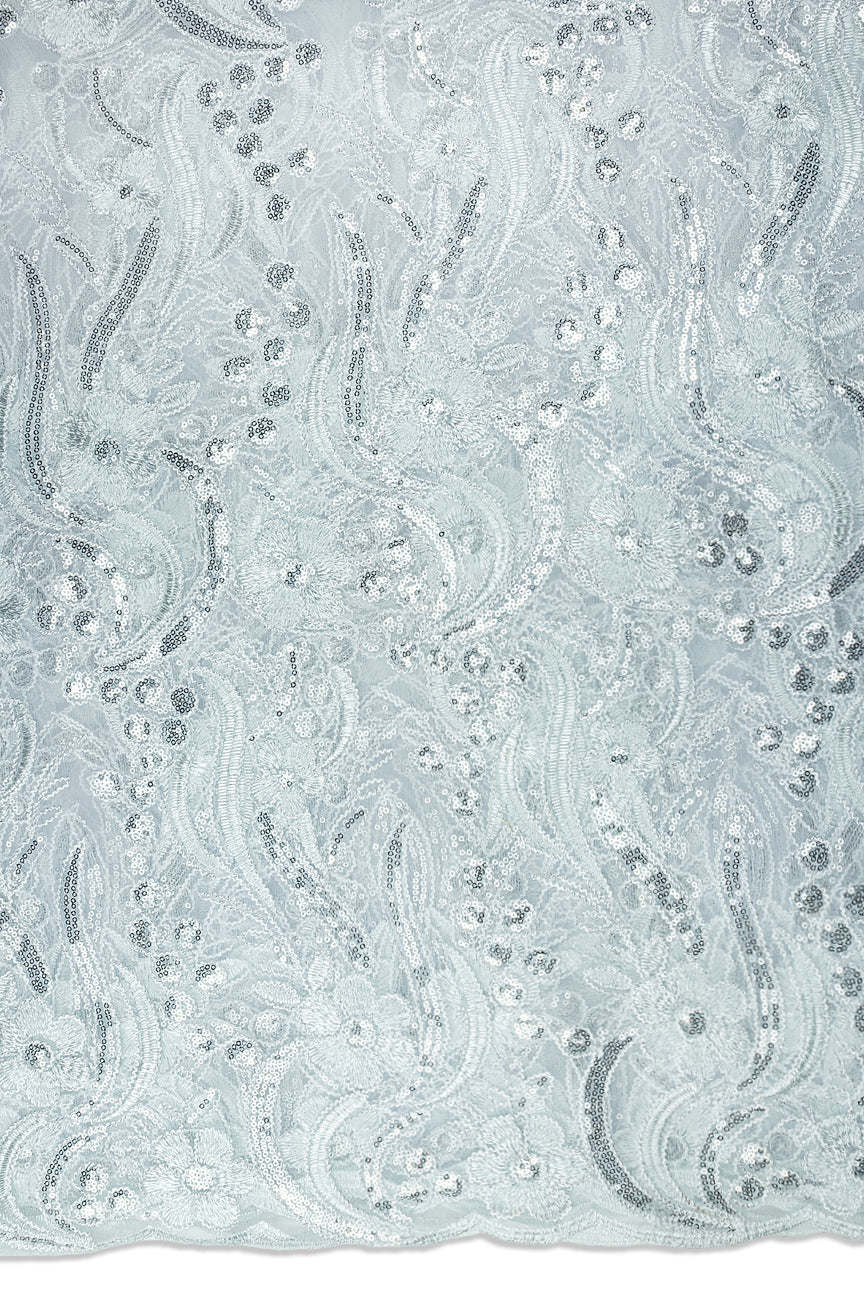 SQL079-WSL - Sequined French Net Lace - White & Silver