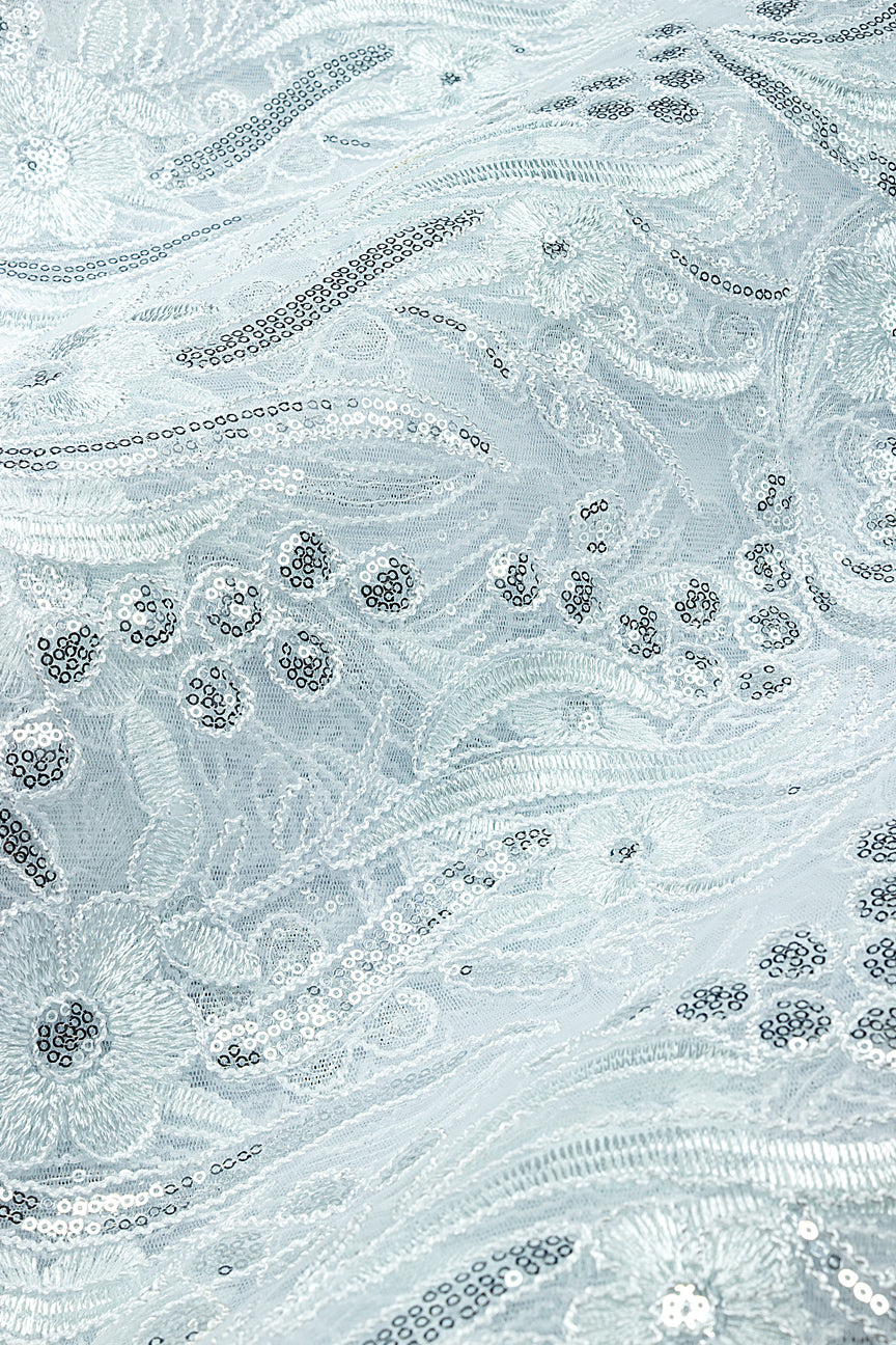 SQL079-WSL - Sequined French Net Lace - White & Silver