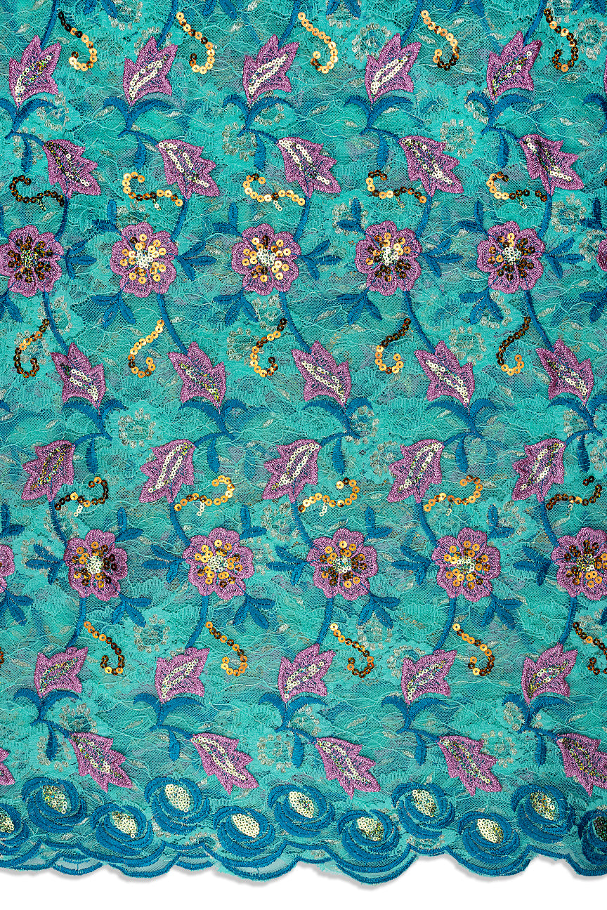 SQL080-AQB - Sequined Net Lace with Appliqué - Aqua Blue, Turquoise Blue & Pink