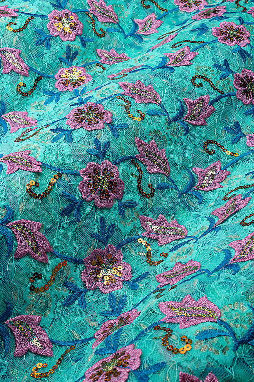 SQL080-AQB - Sequined Net Lace with Appliqué - Aqua Blue, Turquoise Blue & Pink