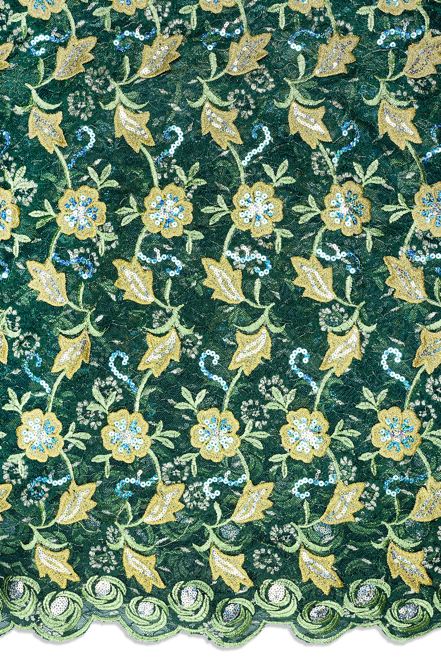 SQL080-BGN - Sequined Net Lace with Appliqué - Bottle Green, Gold & Lime