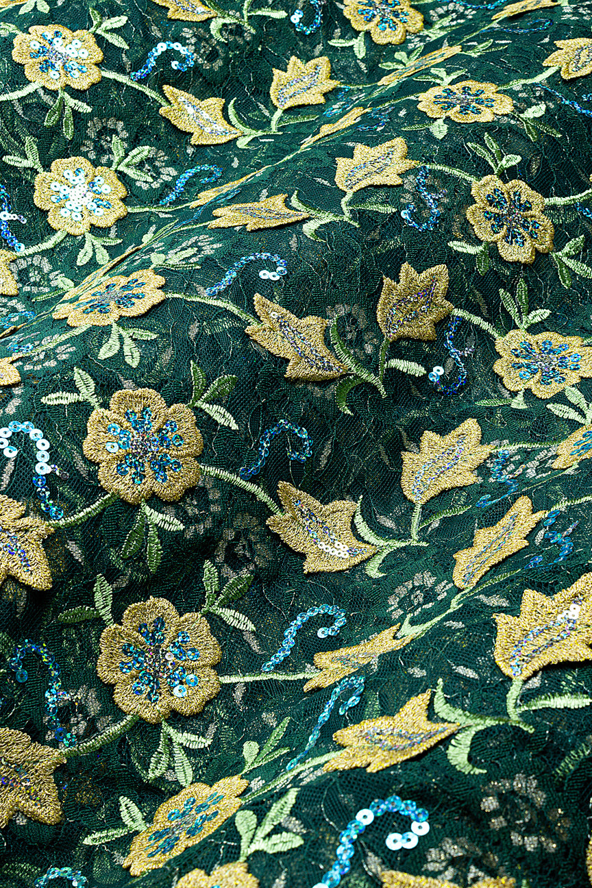 SQL080-BGN - Sequined Net Lace with Appliqué - Bottle Green, Gold & Lime