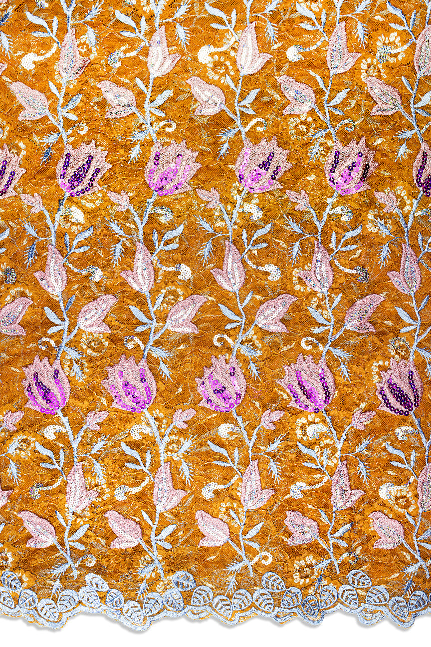 SQL080-BOR - Sequined Net Lace with Appliqué - Burnt Orange, Pink & Sky Blue