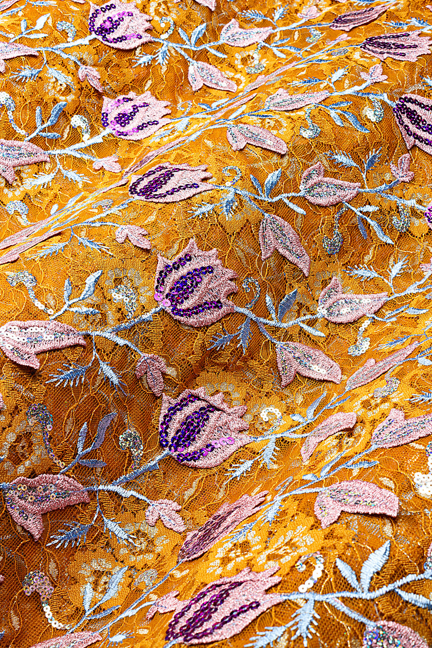 SQL080-BOR - Sequined Net Lace with Appliqué - Burnt Orange, Pink & Sky Blue