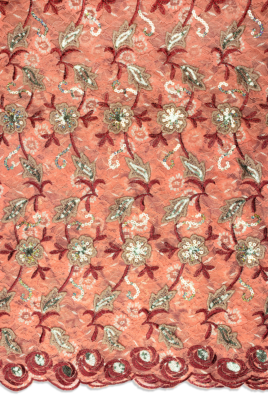 SQL080-COR - Sequined Net Lace with Appliqué -  Coral, Wine & Stone