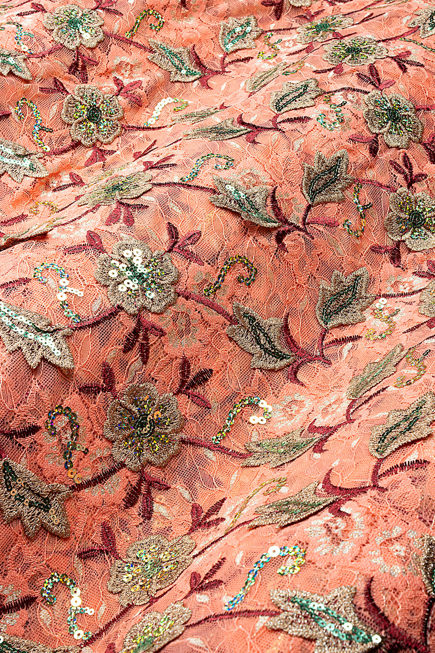 SQL080-COR - Sequined Net Lace with Appliqué -  Coral, Wine & Stone