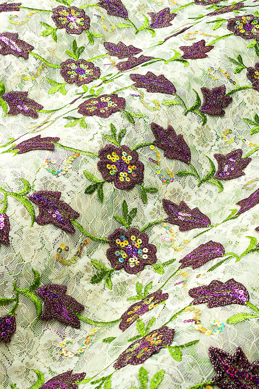 SQL080-CRM - Sequined Net Lace with Appliqué - Cream, Leaf Green & Magenta