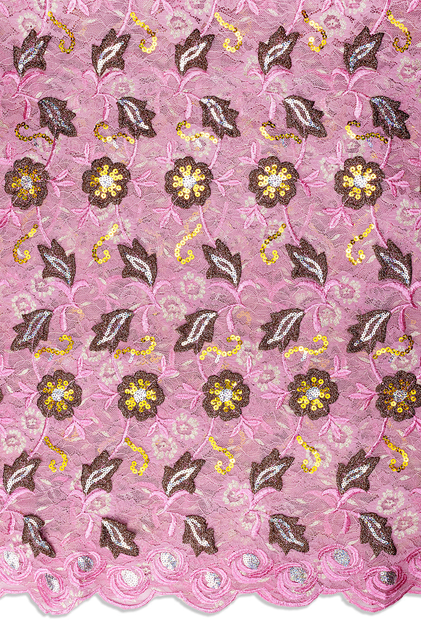 SQL080-DPK - Sequined Net Lace with Appliqué - Dusty Pink & Bronze