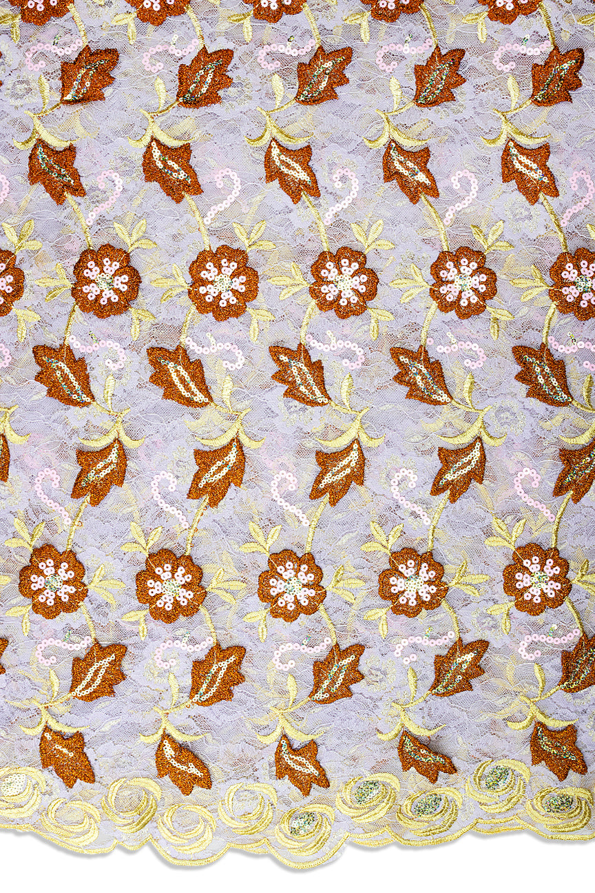 SQL080-GYC - Sequined Net Lace with Appliqué - Light Grey, Copper & Pastel Yellow