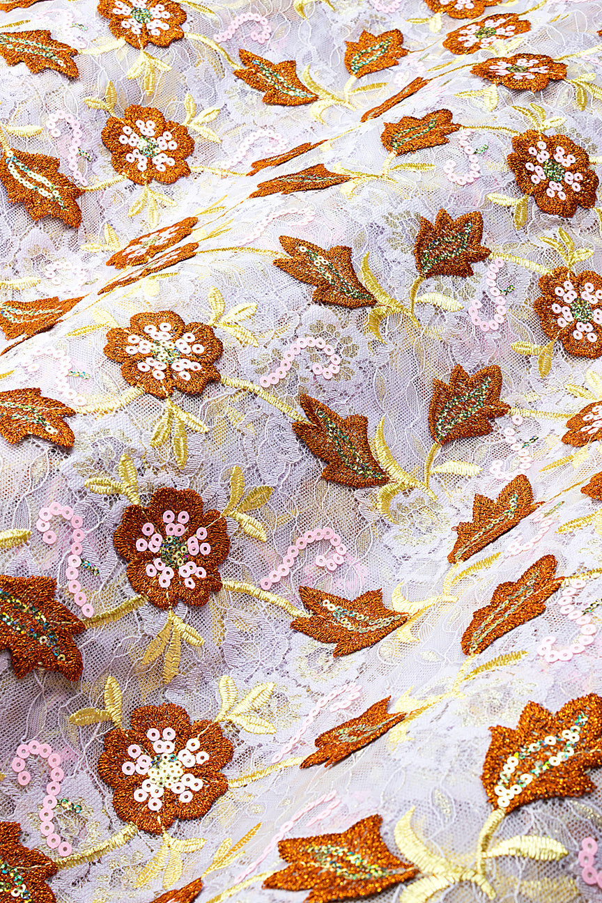 SQL080-GYC - Sequined Net Lace with Appliqué - Light Grey, Copper & Pastel Yellow
